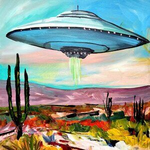 UFO Spaceship Landscape Desert 16x20 Original Handmade Painting Wall Fine Art